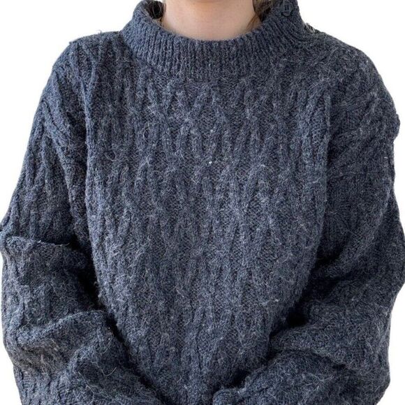 Hand Knit Womens Alpaca Navy Blue Cable Knit Chunky Oversized Fisherman Sweater - Picture 7 of 8